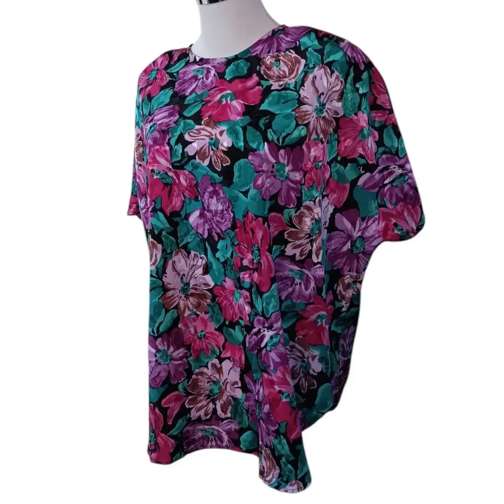VINTAGE 80s 90s Blouse Top 18W‎ Shiny Floral Bright Colorful Office Career Event